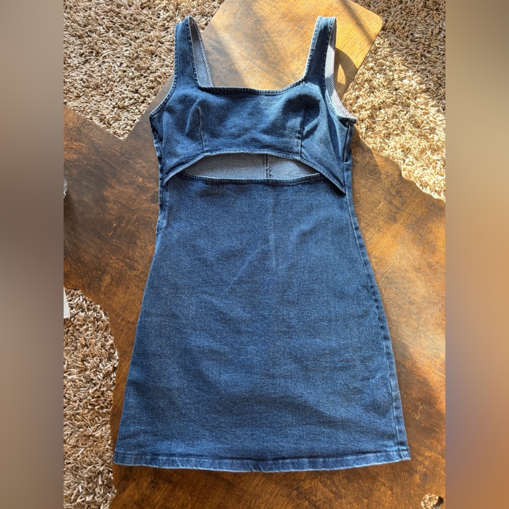 Peach Love California Denim Mini Dress Cutout Stretch Tank Medium Wash M - Picture 2 of 7